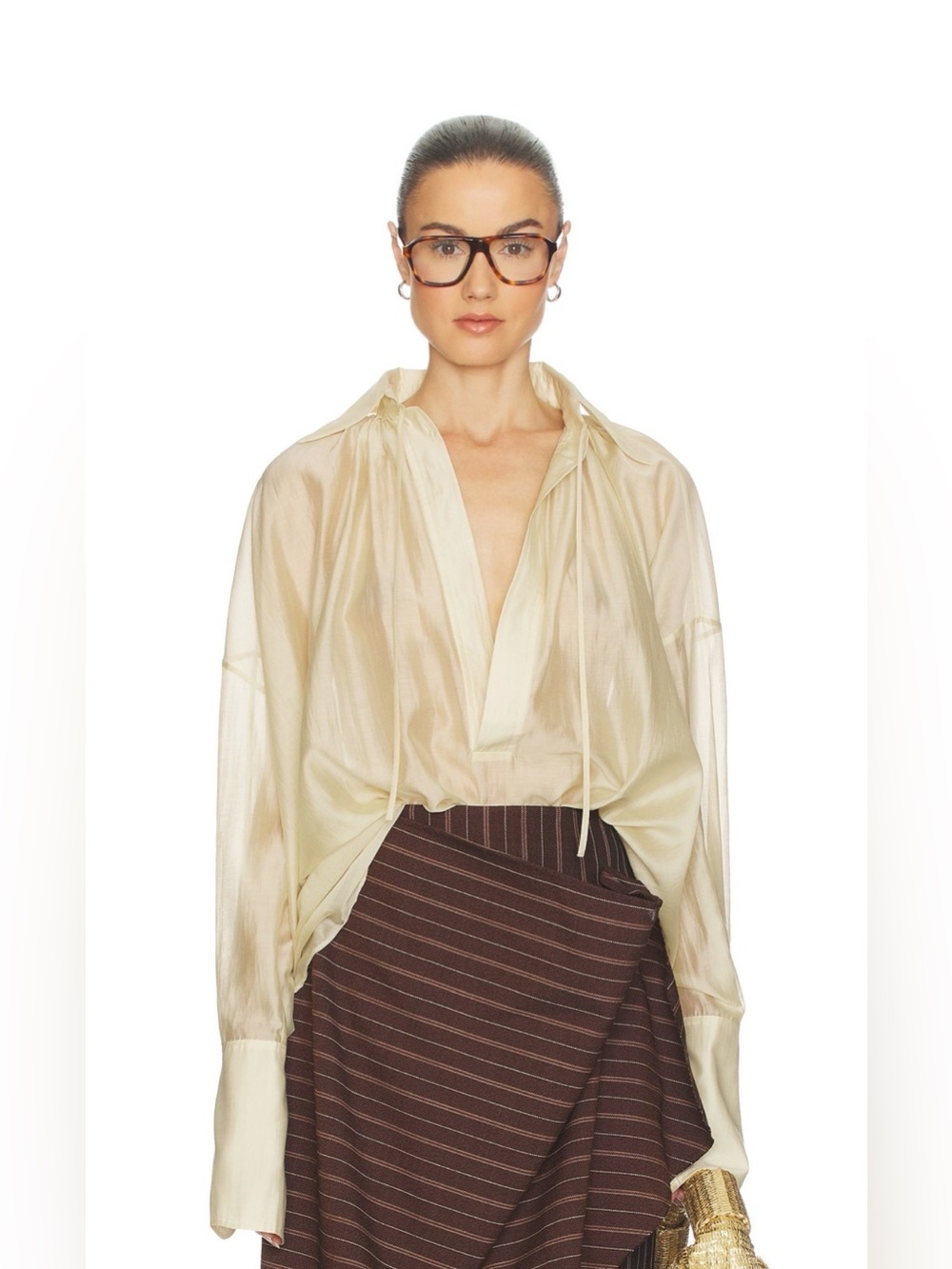 NWOT HELSA The Poet Blouse in Celadon Tie-Neck Sheer Blouse in Pale Yellow